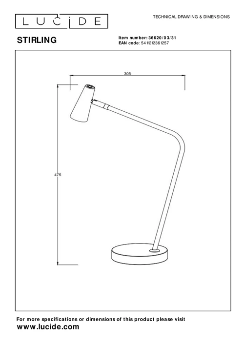 Lucide STIRLING - Lámpara de escritorio Recargable - Batería/acumulador - LED 3 StepDim - 1x3W 2700K - Blanco - técnico